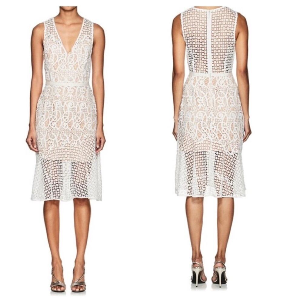 BARNEYS NEW YORK Crochet Lace Dress Womens XS White V-neck Sleeveless Tulip Midi - Picture 2 of 16